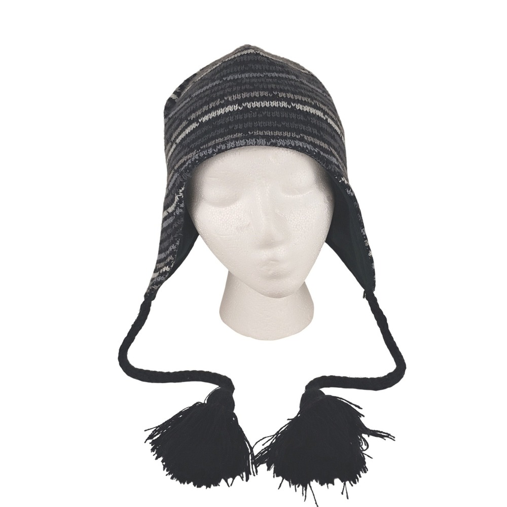 Columbia Youth Omni-Heat Striped Earflap Beanie Hat Grey Black Tassel OS